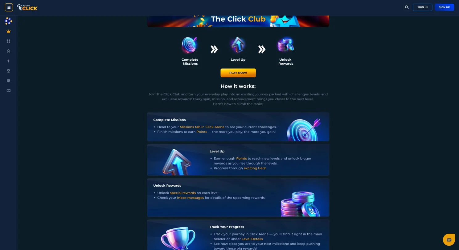 Casino Click Missouri Click Club — missions levels and rewards for Missouri social casino players